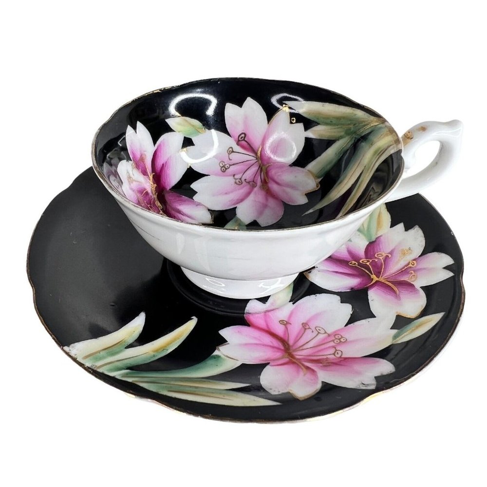 Vintage Lenwile Ardalt Tea Cup & Saucer Black Pink Occupied‎ Japan Hand Painted